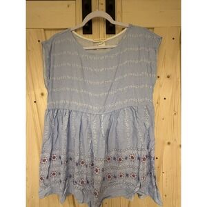 Orange Farm USA Blue Border Print Babydoll Tunic Top Floral Boho Womens M